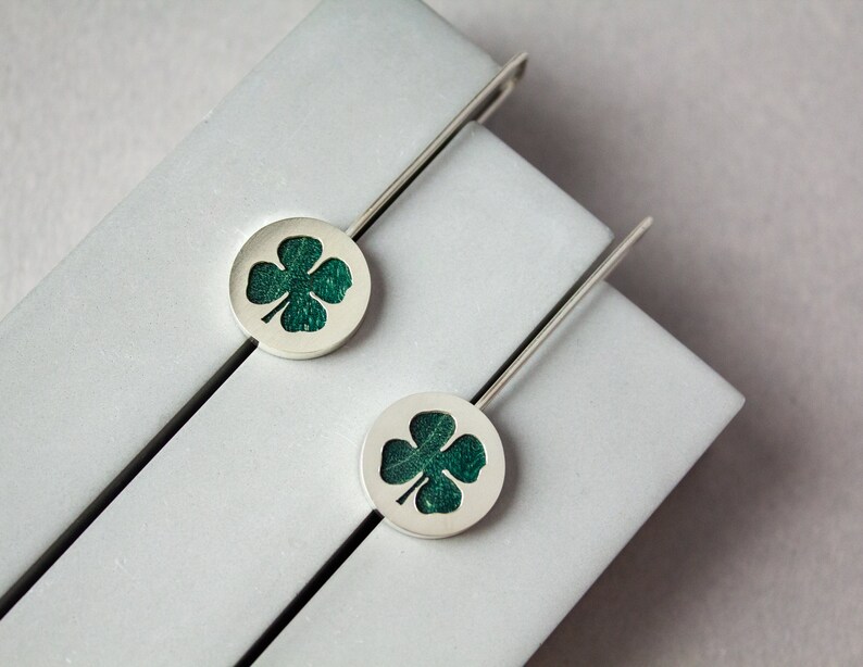 Green four leaf clover earrings, Long dangle sterling silver earrings, Unique mothers day jewelry gift, Minimalist nature earrings image 9