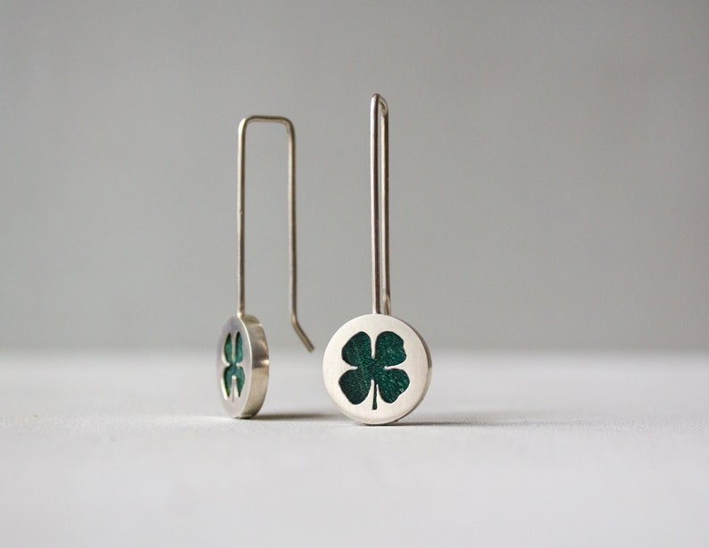 Green four leaf clover earrings, Long dangle sterling silver earrings, Unique mothers day jewelry gift, Minimalist nature earrings image 1