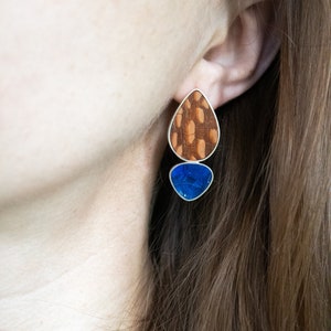 Colorful mismatched statement earrings, Asymmetrical contemporary earrings in wood and sterling silver, Unique wooden earrings image 7