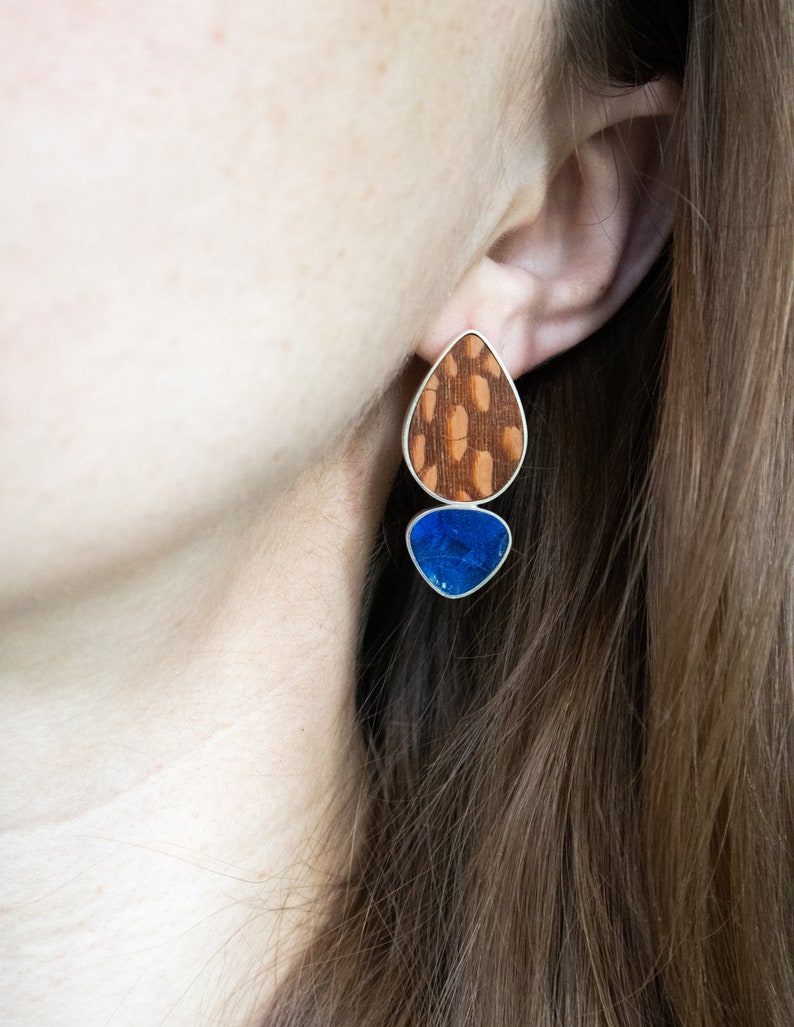 Colorful mismatched statement earrings, Asymmetrical contemporary earrings in wood and sterling silver, Unique wooden earrings image 7