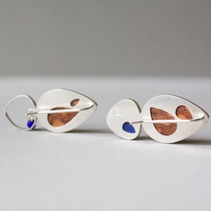 Colorful mismatched statement earrings, Asymmetrical contemporary earrings in wood and sterling silver, Unique wooden earrings image 8