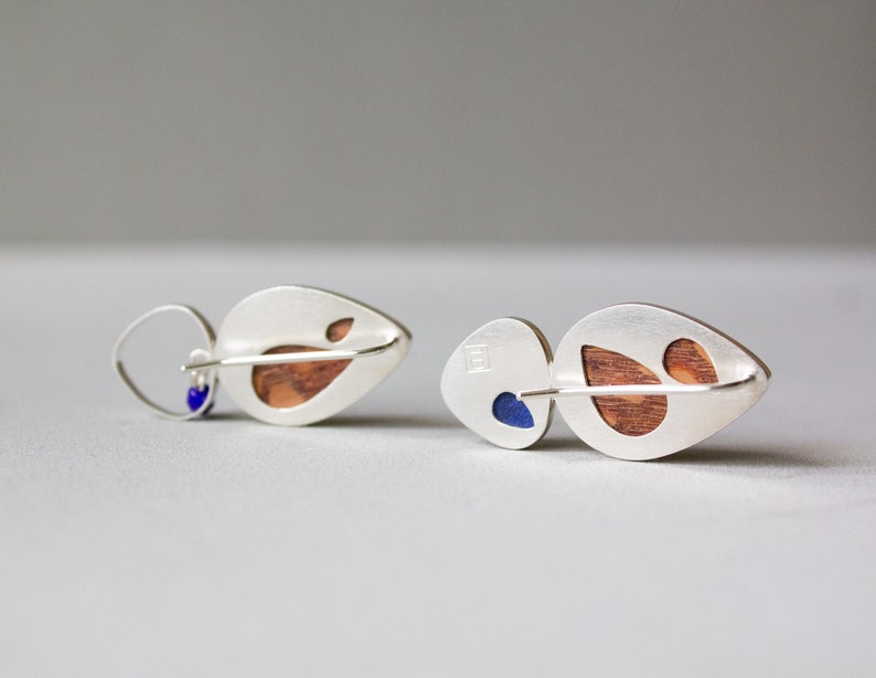 Colorful mismatched statement earrings, Asymmetrical contemporary earrings in wood and sterling silver, Unique wooden earrings image 8