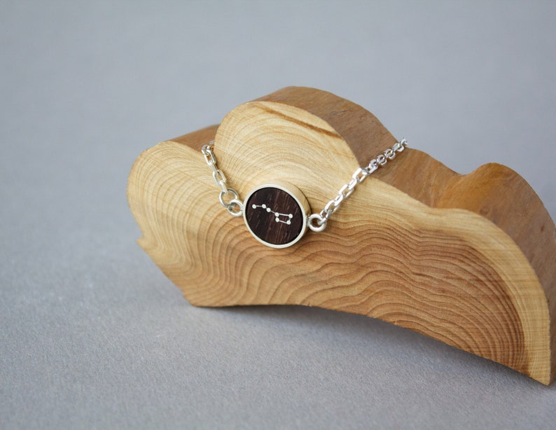 Big dipper constellation bracelet, Minimalist bracelet in sterling silver and wood, Personalized celestial jewelry, Unique wooden gift image 3