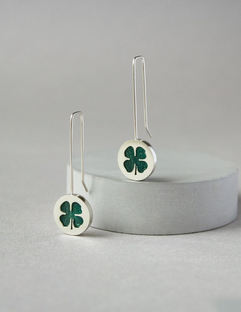 Green four leaf clover earrings, Long dangle sterling silver earrings, Unique mothers day jewelry gift, Minimalist nature earrings image 5