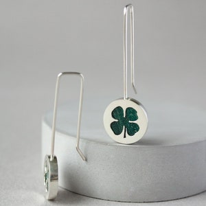 Green four leaf clover earrings, Long dangle sterling silver earrings, Unique mothers day jewelry gift, Minimalist nature earrings image 6