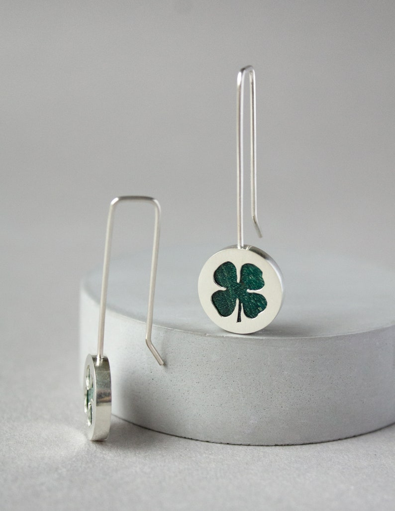 Green four leaf clover earrings, Long dangle sterling silver earrings, Unique mothers day jewelry gift, Minimalist nature earrings image 6