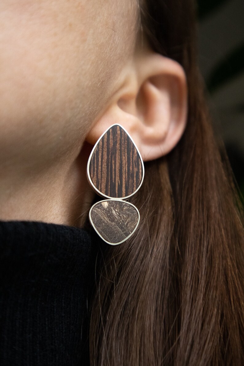 Wood and silver mismatched statement earrings, Unique wooden earrings for 5 year anniversary gift for her, Wood anniversary gift for wife image 2
