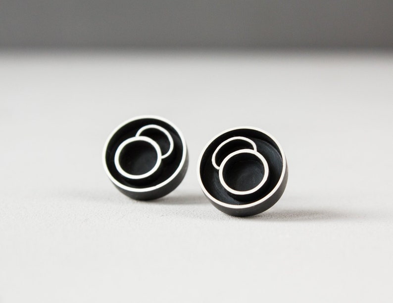 Oxidized silver stud earrings Geometric black silver studs Etsy