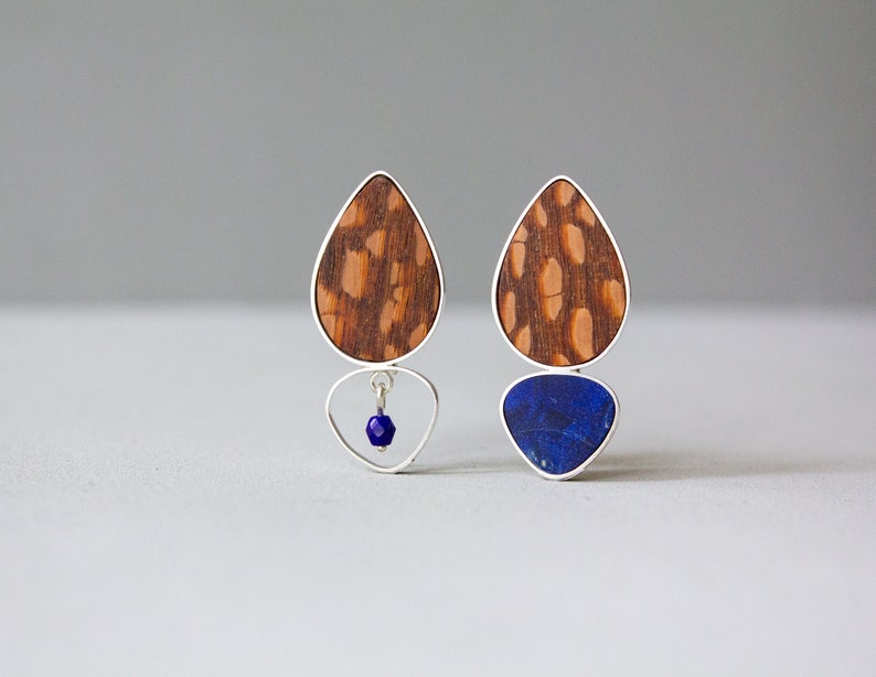 Colorful mismatched statement earrings, Asymmetrical contemporary earrings in wood and sterling silver, Unique wooden earrings image 1