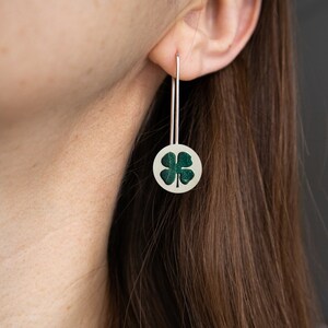 Green four leaf clover earrings, Long dangle sterling silver earrings, Unique mothers day jewelry gift, Minimalist nature earrings image 4