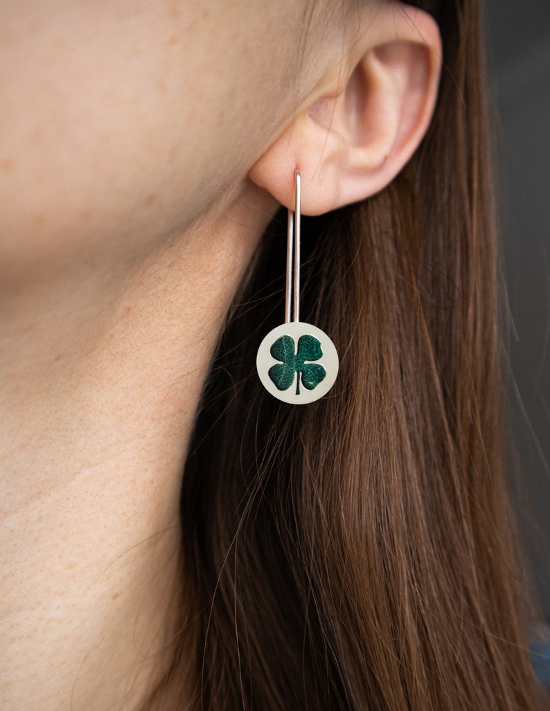 Green four leaf clover earrings, Long dangle sterling silver earrings, Unique mothers day jewelry gift, Minimalist nature earrings image 4