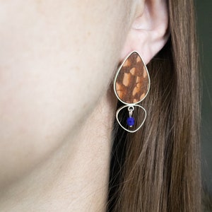 Colorful mismatched statement earrings, Asymmetrical contemporary earrings in wood and sterling silver, Unique wooden earrings image 8