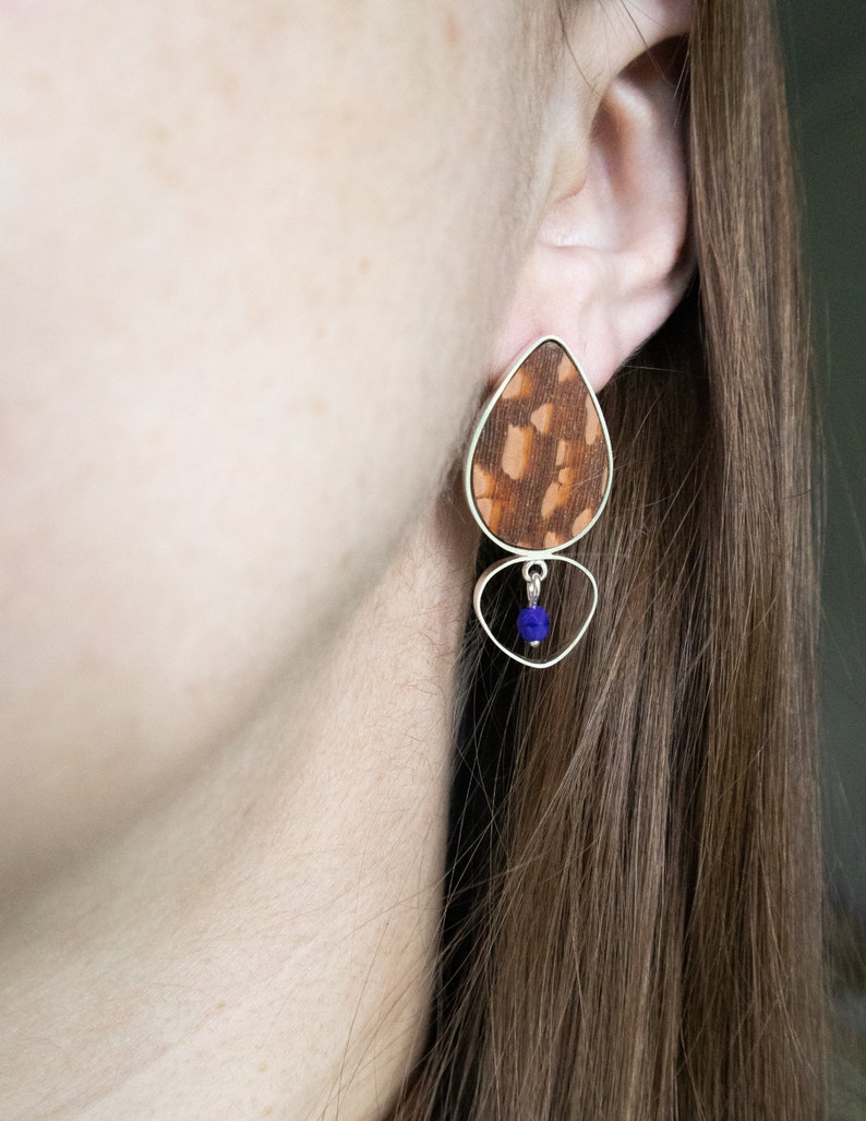 Colorful mismatched statement earrings, Asymmetrical contemporary earrings in wood and sterling silver, Unique wooden earrings image 10