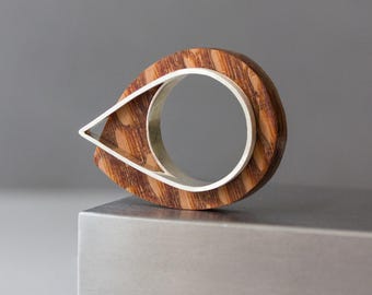 Modern Geometric Statement Ring, One of a Kind Wooden Ring in Silver, US Size 6.5, 5th Anniversary Gift  for Her, Minimalist Wood Jewelry