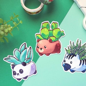 Pegatinas troqueladas de vinilo brillante con suculentas y plantas de animales