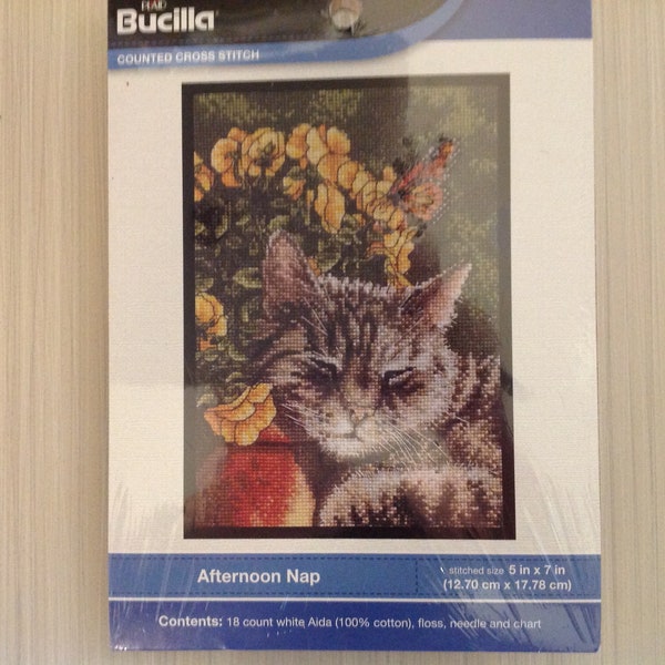 Bucilla counted cross stitch kit, unopened, "Afternoon Nap", featuring a gray striped cat