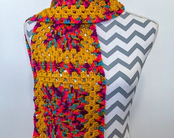 Retro Granny Squares Crocheted Scarf |Handmade Scarf | Cosy Scarf