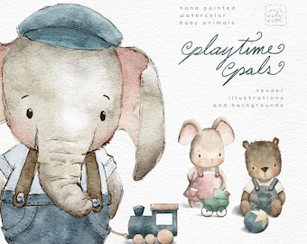 Imágenes Prediseñadas de acuarela de animales bebés, lindo ternero elefante, cachorro de oso y cachorro de ratón, tren de juguete, pelota, cochecito de niño, ilustraciones de estilo vintage, kit de diseño