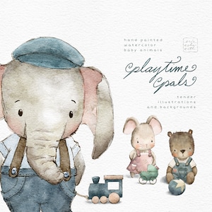 Baby Animals Watercolor Clipart, Cute Elephant Calf, Bear Cub, & Mouse Pup, Toy Train, Ball, Pram, Vintage Style Illustrations, Design Kit