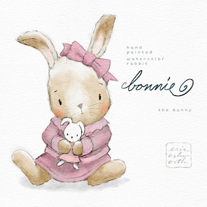 Baby Bunny & Doll Aquarelle Clip Art, Cute Bonnie the Bunnie, Design Clipart Kit, vintage Style Bunny Illustration, Utilisation commerciale