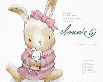 Baby Bunny & Doll acuarela Clip Art, lindo Bonnie the Bunnie, kit de imágenes prediseñadas de diseño, ilustración de conejito de estilo vintage, uso comercial