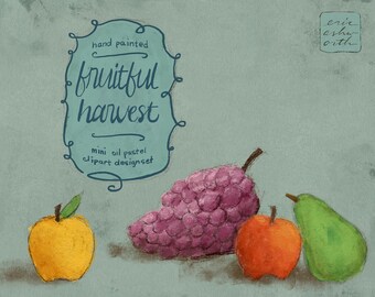 Conjunto de imágenes prediseñadas de frutas pastel al óleo, manzanas, uvas y peras rústicas elegantes pintadas a mano, plantilla de diseño de otoño mínima con colores de otoño