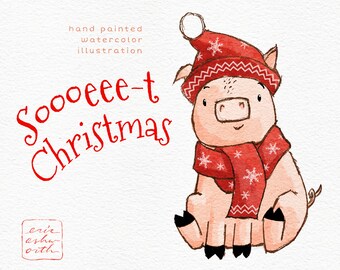 Lindo cerdo de Navidad, ilustración de acuarela, cerdo con bufanda y sombrero navideño, imágenes prediseñadas de la temporada de vacaciones de invierno, imágenes prediseñadas de gráficos de granja