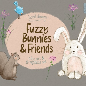 Clipart de coelhos, pássaros e esquilos, conjunto de clipart de coelho fofo desenhado à mão com flores, árvore, decoração infantil ou arte para impressão, outono, outono