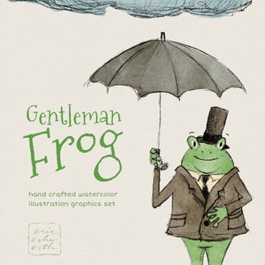 Grenouille gentille mignonne avec le parapluie sous un nuage de pluie, ensemble graphique de clipart d'illustration d'aquarelle de style vintage, décor de pépinière et art mural
