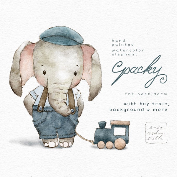 Baby Elephant & Toy Train Watercolor Clip Art, Cute Packy Pachiderm, Design Clipart Kit, Vintage Style Elephant Illustration, Commercial Use