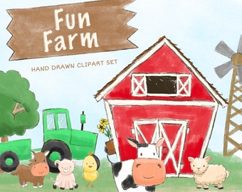 Imágenes prediseñadas y animales de granja divertidos y lindos, ilustraciones dibujadas a mano, decoraciones de cumpleaños, ilustraciones para la habitación de la guardería e imágenes imprimibles en alta resolución