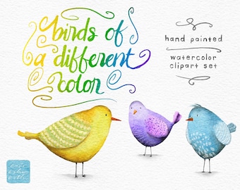 3 pájaros coloridos, caprichoso conjunto de imágenes prediseñadas de acuarela, 3 pajaritos para uso comercial, guardería y decoración infantil o identidad empresarial