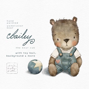 Clipart de aquarela de filhote de urso de bebê e bola de brinquedo, ilustração fofa de estilo vintage de meados do século, convite de aniversário ou chá de bebê, anúncio de nascimento