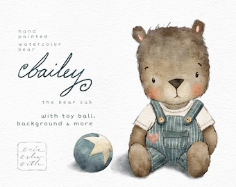 Baby Bear Cub & Toy Ball acuarela Clipart, linda ilustración de estilo vintage de mediados de siglo, invitación de cumpleaños o ducha, anuncio de nacimiento