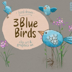 3 blaue Vögel & Wildblumen, süße handgezeichnete Grafiken, rosa und lila Blumen, strukturierter beige Hintergrund, Herbstfarben, saisonale Herbstkunst