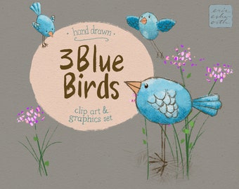 3 pájaros azules y flores silvestres, lindos gráficos dibujados a mano, flores rosadas y moradas, fondo beige texturizado, colores de otoño, arte otoñal de temporada