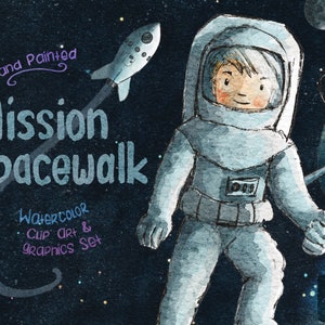 Astronaut Outer Space Spacewalk missie, schattige aquarel clipart, raket schip aarde maan & ruimte achtergrond, verjaardagsuitnodiging decoraties