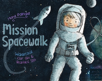 Misión de caminata espacial en el espacio exterior de astronauta, lindas imágenes prediseñadas de acuarela, cohete, luna terrestre y fondo espacial, decoraciones de invitación de cumpleaños