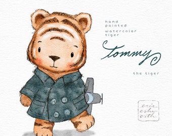 Bebé tigre y juguete avión acuarela Clip Art, lindo Tommy Tiger, kit de imágenes prediseñadas de diseño, ilustración de tigre de estilo vintage, uso comercial
