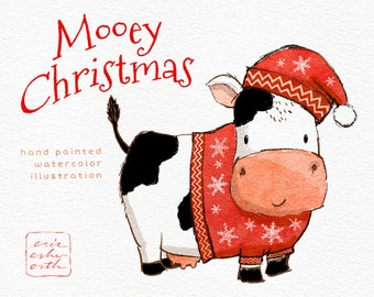 Linda vaca navideña, ilustración en acuarela, bovino con suéter y sombrero navideño, imágenes prediseñadas de la temporada navideña de invierno, imágenes prediseñadas de gráficos de granja