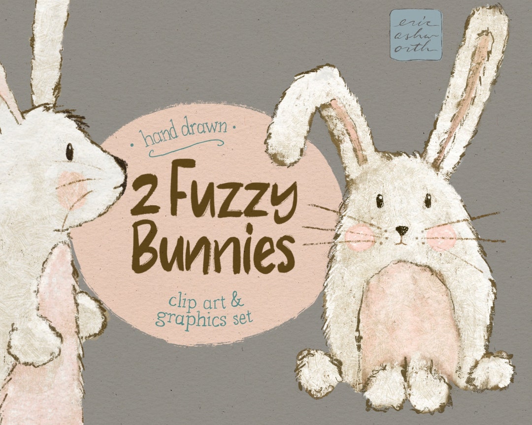 2 Cute Bunnies Hand Drawn Clipart, White Fuzzy Bunnies With Pink ...