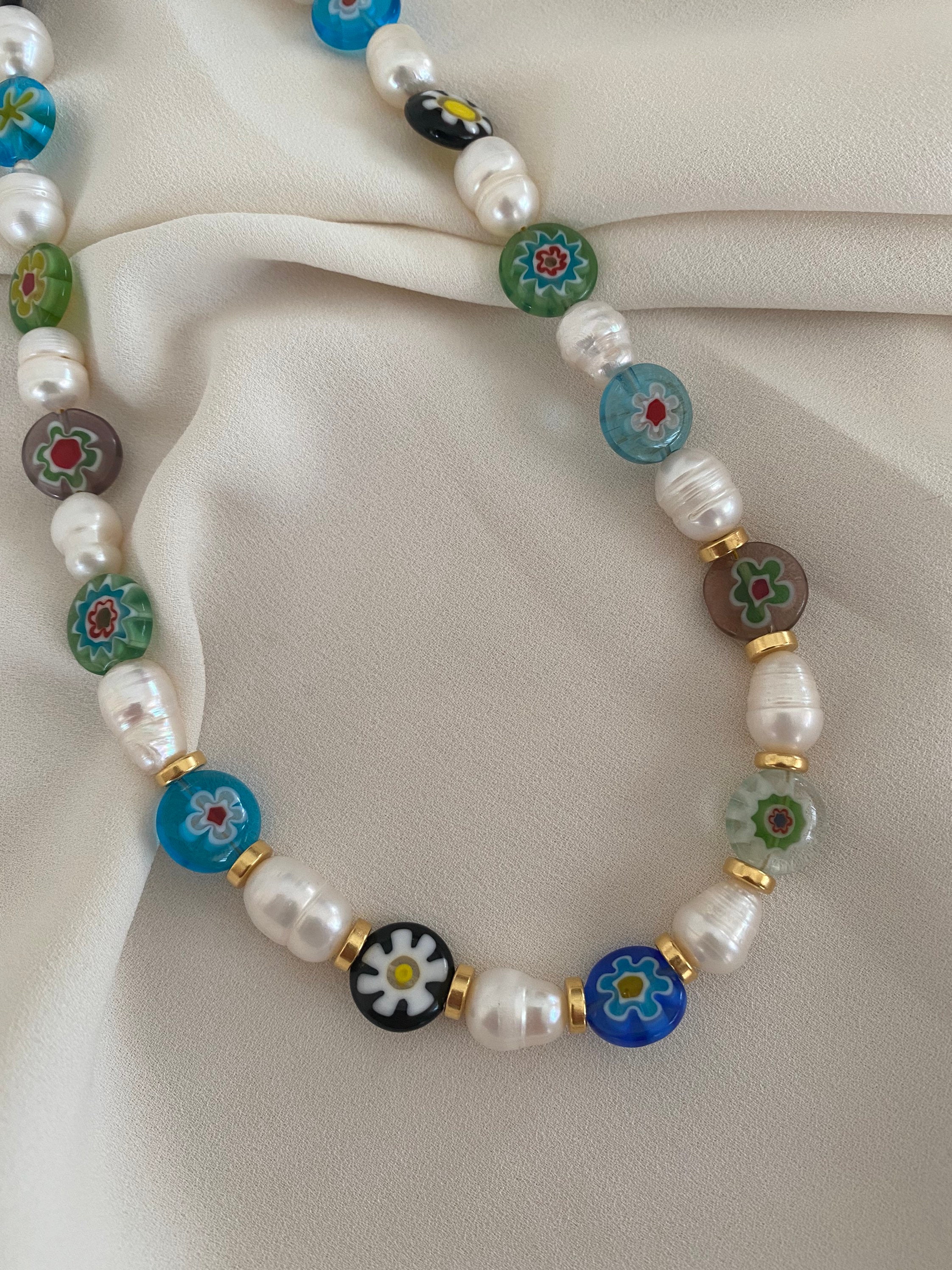 MILLEFIORI Glass Necklace Pearl Necklace Semiprecious | Etsy
