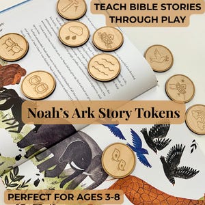 Fichas de la historia del Arca de Noé para niños / Actividad bíblica para la educación cristiana en el hogar / Juguete didáctico para la escuela dominical / Set de aprendizaje de madera Montessori