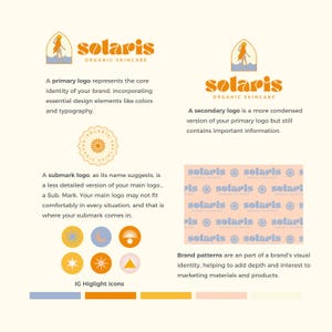 May include: A graphic design layout showcasing the "solaris ORGANIC SKINCARE" brand identity. It includes primary and secondary logos, a submark logo, IG highlight icons, and brand patterns. The color palette features orange, blue, and yellow.