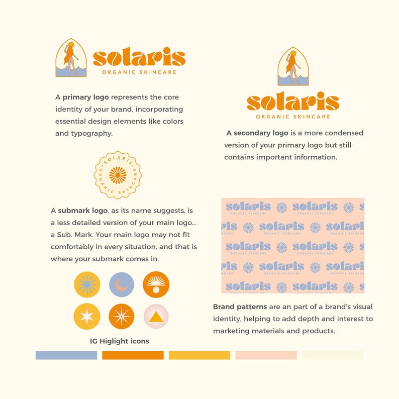May include: A graphic design layout showcasing the "solaris ORGANIC SKINCARE" brand identity. It includes primary and secondary logos, a submark logo, IG highlight icons, and brand patterns. The color palette features orange, blue, and yellow.