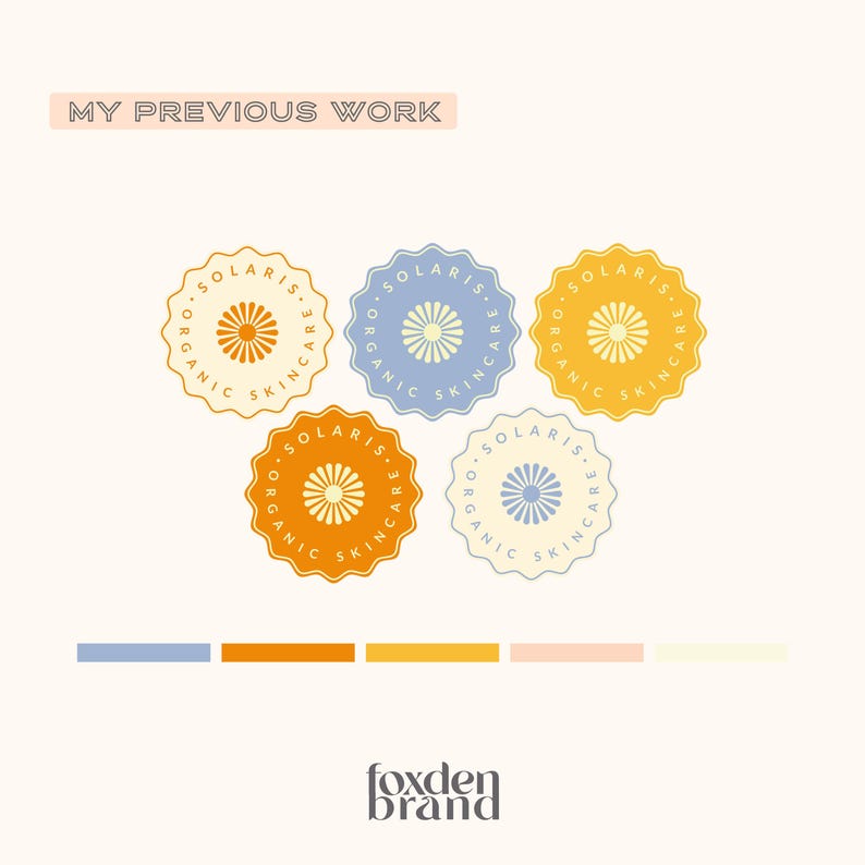 May include: Five circular Solaris Organic Skincare logos in orange, blue, and yellow with a floral design. The text "MY PREVIOUS WORK" is at the top, and the Foxden Brand logo is at the bottom. A color palette is at the bottom.