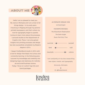 May include: A digital design portfolio page with the text "ABOUT ME" at the top. The page includes a photo of Michaela, a brief biography, and details about her favorite movies and dream job. The FoxDenBrand logo is at the bottom.