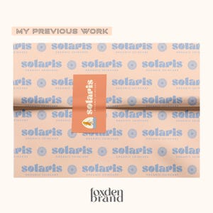 May include: A product presentation featuring a peach-colored wrapping paper with a repeating pattern of the word "solaris" and a sunburst design. A product tag with the "solaris" logo and a small illustration is placed on top. The text "MY PREVIOUS WORK" is at the top.