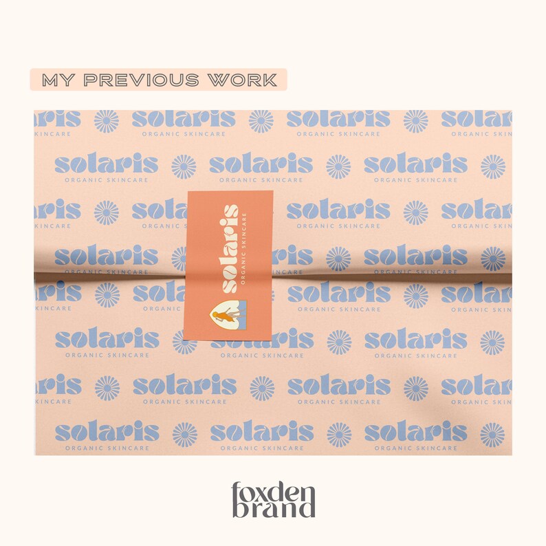 May include: A product presentation featuring a peach-colored wrapping paper with a repeating pattern of the word "solaris" and a sunburst design. A product tag with the "solaris" logo and a small illustration is placed on top. The text "MY PREVIOUS WORK" is at the top.