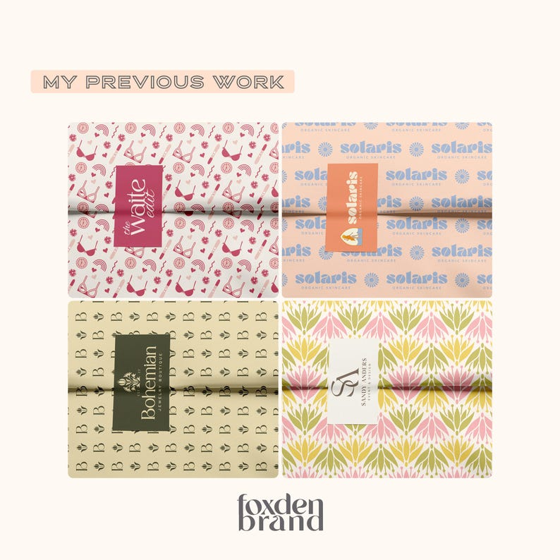 May include: Four examples of patterned packaging with brand labels. The top left features a pink and white bra pattern with "the Waite edit" label. The top right has a "solaris" label. The bottom left has a "Bohemian" label. The bottom right has a floral pattern with a "SANDY ANDERS" label.